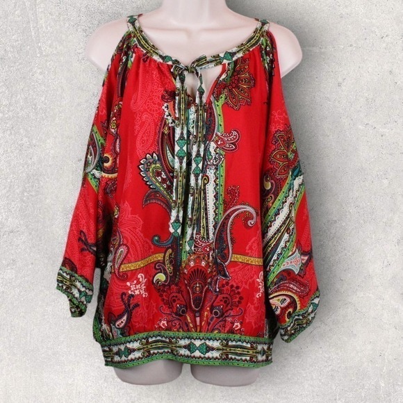 ECI Cold Shoulder Long Sleeve Blouse Multicolor Red, Pink, Green, White Size M - Picture 1 of 16